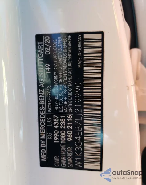 2020 Mercedes-Benz A 220 из США, поврежденный, VIN W1K3G4EB7LJ219990